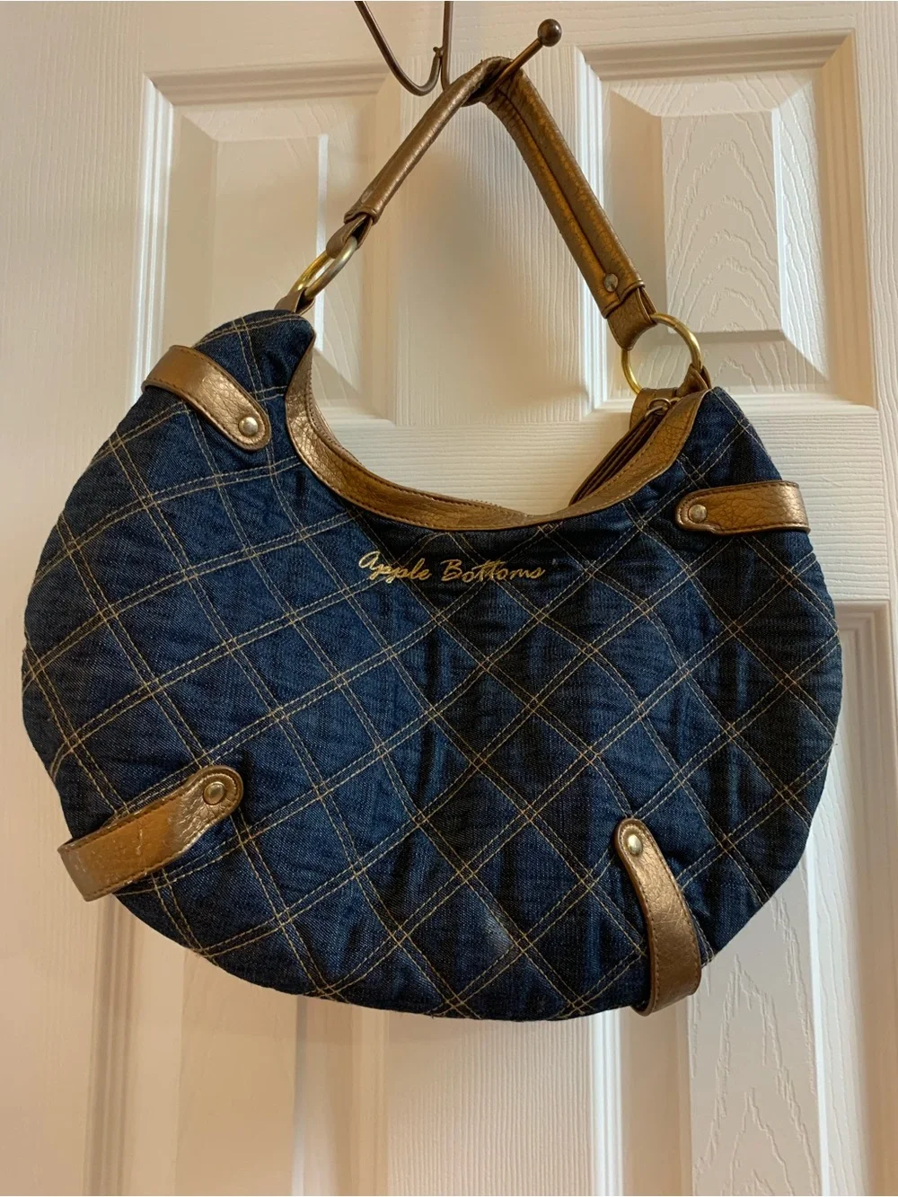 VTG Y2K Apple Bottoms Quilted Denim & Metallic Gold Hobo Bag Rhinestone Charm